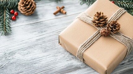 Poster - Christmas Gift Box with Pine Cones and Twine on Rustic Wooden Background