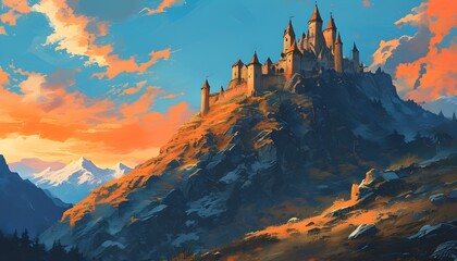 Wall Mural - Majestic mountain range with a distant castle under a vibrant blue and orange sky