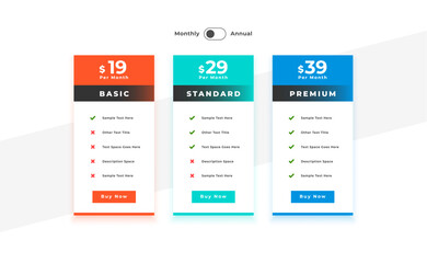 3 column web business pricing chart layout design