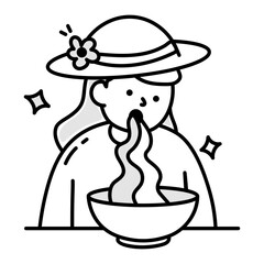 Sticker - Hand drawn icon depicting a girl eating noodles 

