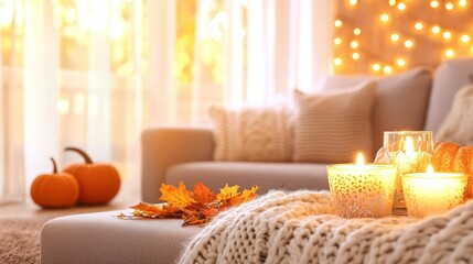 Sticker - Cozy Autumn Living Room Decor with Candles  Pumpkins  and Knit Blanket