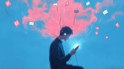 A human form is tethered to glowing phone, surrounded by vibrant imagery representing digital connections and emotions. This artwork captures essence of modern technologys influence on our lives