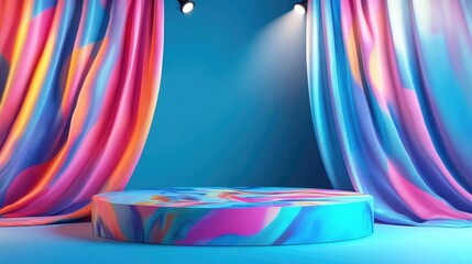 A colorful podium with a patterned fabric curtain and a spotlight on a bright blue background.