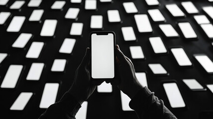 image features person holding smartphone in dark environment filled with multiple blank phone screen
