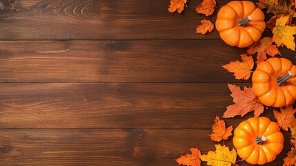 Wall Mural - Autumn Background with Pumpkins and Fall Leaves on Rustic Wooden Plank