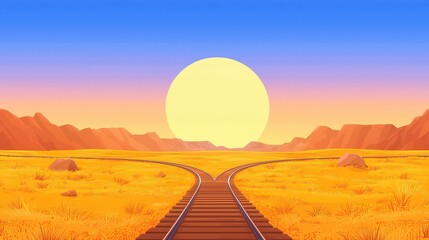 Sticker - Railroad Tracks Splitting in Desert Landscape with Sunset