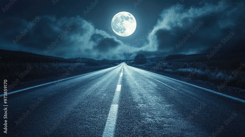 A deserted highway with a full moon shining overhead.