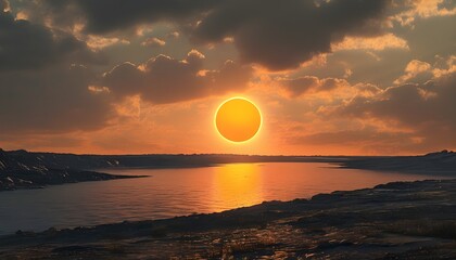 Wall Mural - Desolate landscape at sunset with a large body of water reflecting a bright orange sun and dark clouds creating a dramatic atmosphere