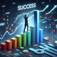 A man stands on a graph that says success in the top left corner