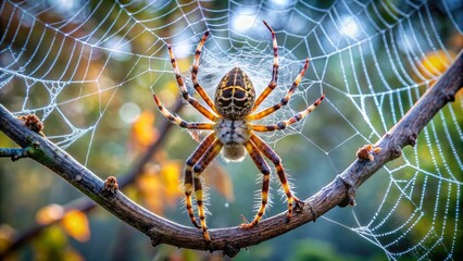 This elegant spider sits regally on a branch, its intricate web a swirling backdrop, strands delicately tangled as