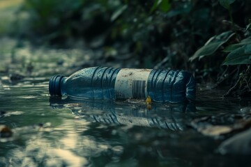 Wall Mural - Submerged Plastic Bottle in Natural Water Ecosystem Highlighting Environmental Pollution