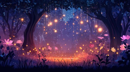 Canvas Print - Enchanted Forest Night with Fairy Lights and Flowers