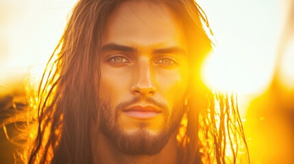 Wall Mural - Handsome Man with Long Hair Portrait in Golden Sunset Light