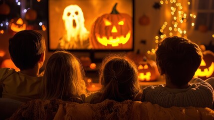 Sticker - Kids Watching Scary Movie on Halloween Night with Pumpkins