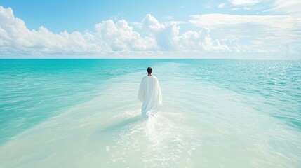 Poster - Man Walking into the Ocean in White Robe   Peaceful  Calm  Tranquility