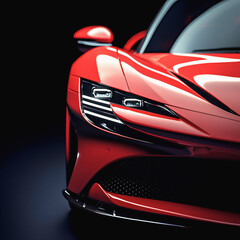 Detailed shot of red car headlights with a sleek, modern design under soft lighting.
