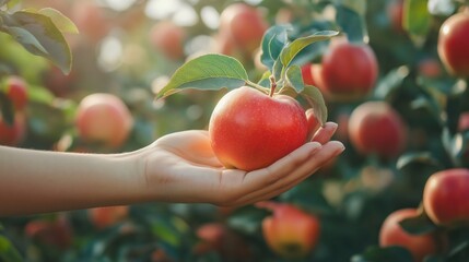 Wall Mural - Close-up of a hand holding a fresh red apple with green leaves, surrounded by apple trees in an orchard, symbolizing harvest, nature, and organic fruit