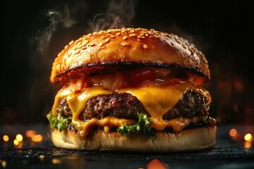 Juicy food photography of a gourmet burger with melting cheese, on a dark background