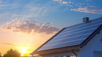 Solar panels on a gable roof. Large modern house and solar energy. Sunset. 