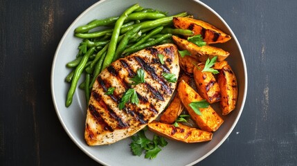 Juicy paleo meals with grilled chicken breast, sweet potato wedges, and a side of green beans