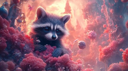 raccoon in a surreal landscape, floating among whimsical objects and dreamlike colors, blending fant