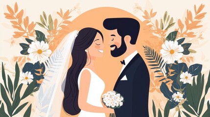 Wedding Couple in Love with Floral Background