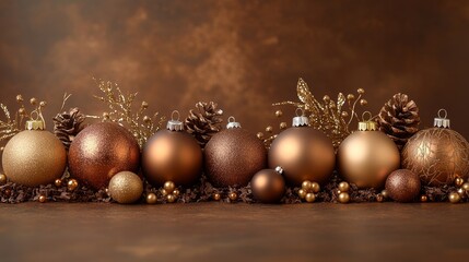 Warm chocolate and shimmering gold holiday decorations, standing out against a deep brown background for a festive yet refined look