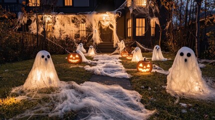 Sticker - Halloween Decor   Glowing Ghosts and Jack o Lanterns on a Path