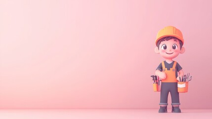 A cheerful cartoon boy wearing a construction outfit, holding tools in a playful setting.