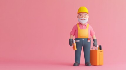 Wall Mural - A cartoon construction worker with tools, smiling against a pink background.