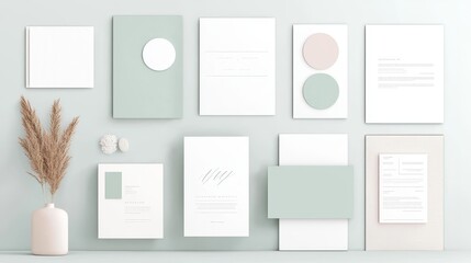 Modern Minimalist Stationery Mockup with Green and Beige Accents