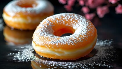 Wall Mural - Elegant close-up of a classic jelly donut dusted with powdered sugar, featuring a dreamy double exposure silhouette and ample copy space for text.