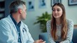 © sirisakboakaew - photograph of Young woman patient talking with male doctor during appointment in clinic office, free space