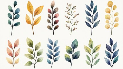 Sticker - Watercolor Hand Painted Leaves Branch Clip Art Illustration Set