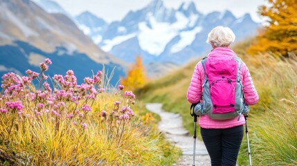 Canvas Print - Woman Hiking in the Mountains with a Backpack and Trekking Poles