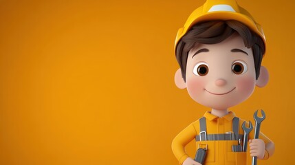 Wall Mural - A cheerful cartoon character in a construction outfit holding tools against an orange background.