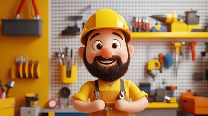 Wall Mural - A cheerful cartoon character in a workshop, wearing a hard hat and holding tools.