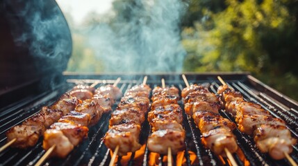 Canvas Print - Outdoor barbecue grill with chicken skewers cooking on a sunny day