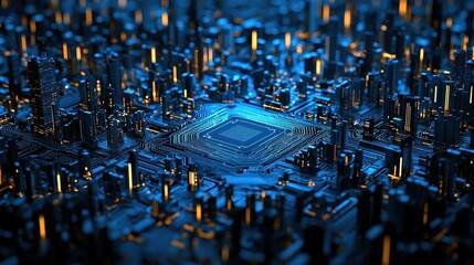 Sticker - Futuristic Cityscape with Glowing Circuit Board Pattern