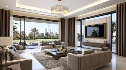 Sticker - Modern Living Room Interior Design with City View and Luxury Decor