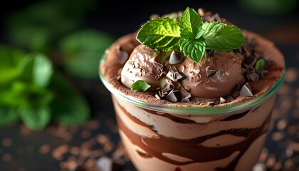 Refreshingly cool mint chocolate sundae with lush mint leaves silhouette and ample copy space for a delightful presentation