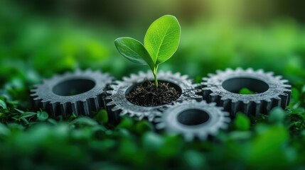 a small green plant growing in the center of three gray metal gears on a green lawn, symbolizing business growth, innovation, and sustainability in green technology and mechanical engineering.