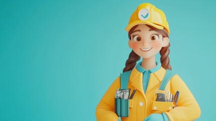 Wall Mural - A cheerful female character in a yellow work outfit with tools, promoting a positive work ethic.