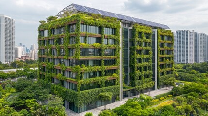 Wall Mural - This stunning office building features a lush green exterior with solar panels on the roof, nestled in an eco-conscious urban landscape that promotes sustainability