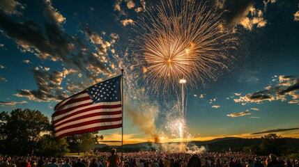 A large crowd gathers to celebrate Independence Day, enjoying a breathtaking fireworks display that lights up the sky as the American flag proudly waves nearby