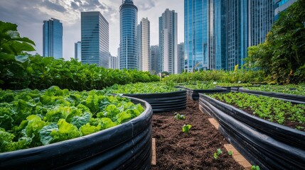 Wall Mural - A vibrant rooftop garden filled with organic vegetables thrives in raised beds, contrasting the modern skyscrapers in the background and demonstrating sustainable urban farming practices