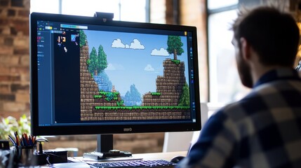 Wall Mural - A game designer focuses on fine-tuning a level in a 2D platformer game, showcasing pixel art landscapes and the intricate process of crafting engaging game worlds