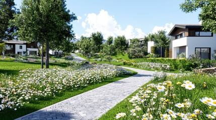 Canvas Print - Stone Path Through Green Grass and Wildflowers in a Modern Suburb