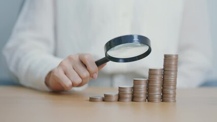 Poster - coins money stack growing with magnifier glass. Money saving, Inflation, tax, cash flow, Job search, hiring and research development concepts