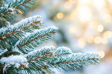 Wall Mural - Close-up of a snow-covered pine branch with a golden sunset in the background, creating a warm winter scene with glowing bokeh.